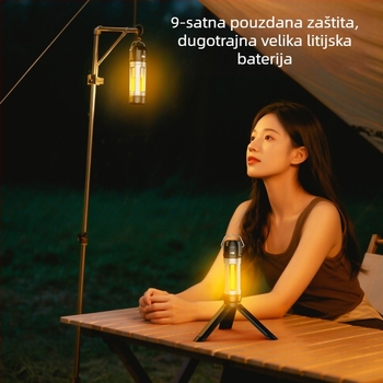 Vanjska višefunkcionalna kamping lampa s bezkorakom podešavanjem jačine svjetla, dugim vijekom baterije, kukom i nosačem, ambijentalno svjetlo i baterijska svjetiljka