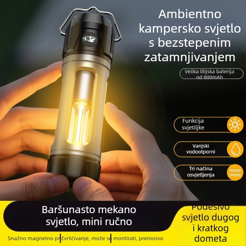 Vanjska višefunkcionalna kamping lampa s bezkorakom podešavanjem jačine svjetla, dugim vijekom baterije, kukom i nosačem, ambijentalno svjetlo i baterijska svjetiljka