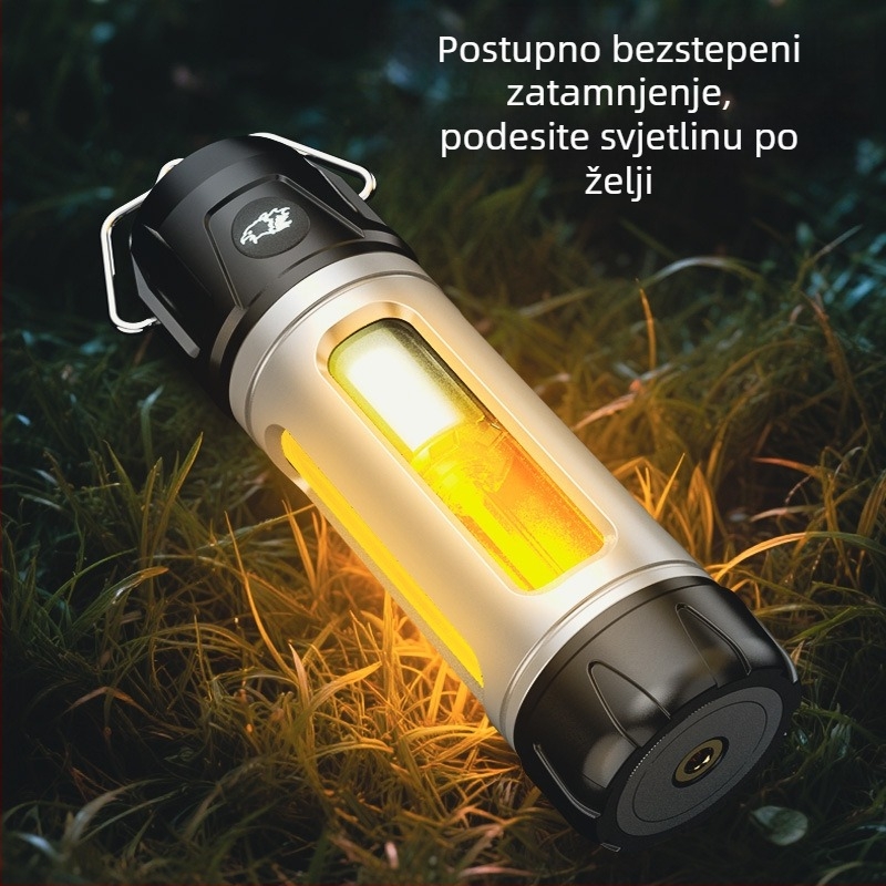 Vanjska višefunkcionalna kamping lampa s bezkorakom podešavanjem jačine svjetla, dugim vijekom baterije, kukom i nosačem, ambijentalno svjetlo i baterijska svjetiljka