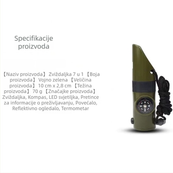 7-u-1 višenamjenska zviždaljka za kampiranje sa LED svjetlom, termometrom i kompasom