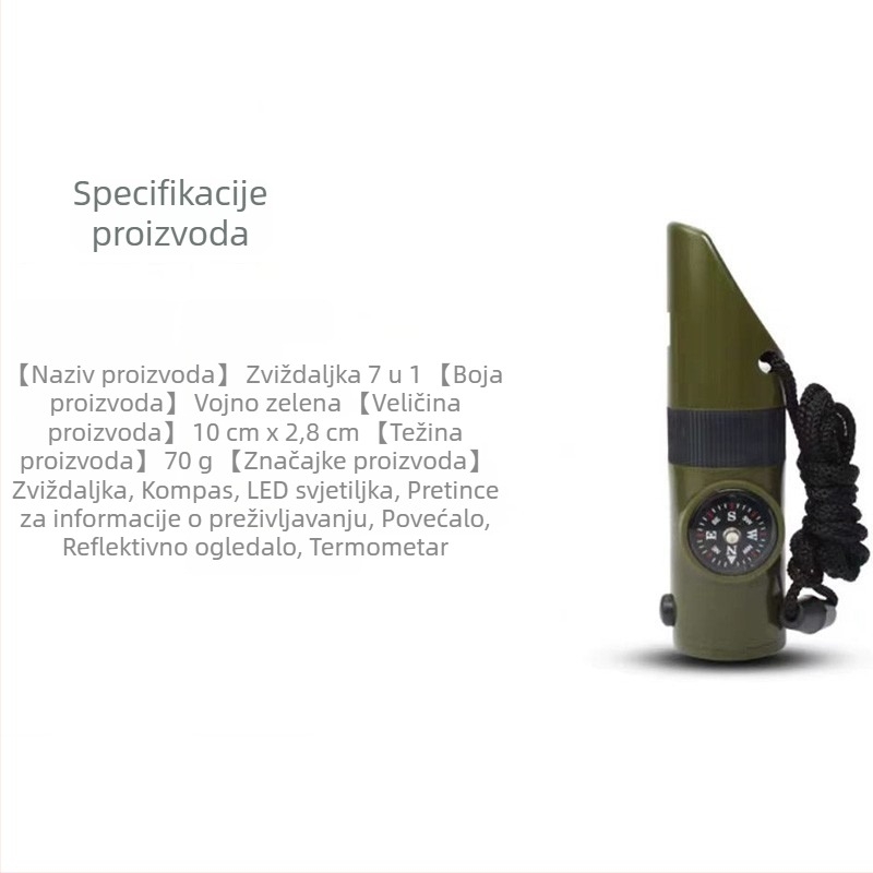 7-u-1 višenamjenska zviždaljka za kampiranje sa LED svjetlom, termometrom i kompasom