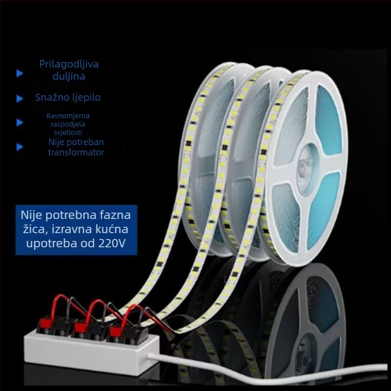 LED traka 220V, visoke svjetline, bez upravljača, samoljepljiva, 120 LED, 8 mm, 12W, nije vodootporna, linearno dekorativno osvjetljenje