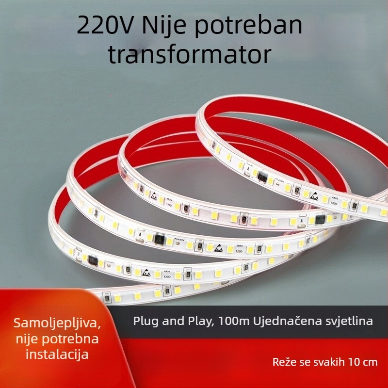 Vodootporna LED traka s samoljepivom, 220V, 10 cm, 2835 SMD, jednobojna boja, regulacija jačine svjetla, 120 LED