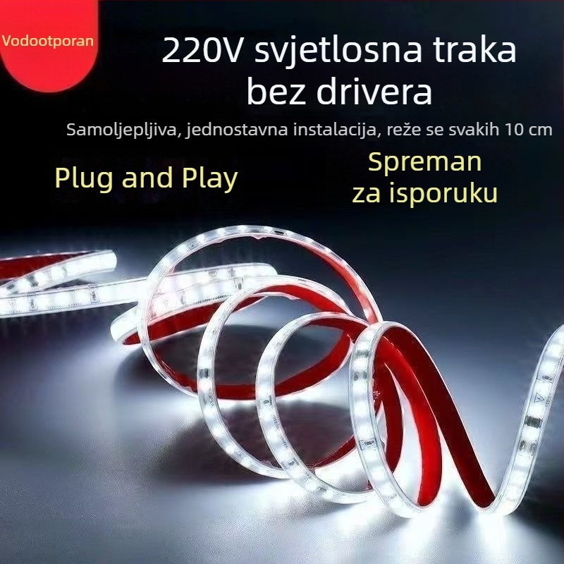 Vodootporna LED traka s samoljepivom, 220V, 10 cm, 2835 SMD, jednobojna boja, regulacija jačine svjetla, 120 LED