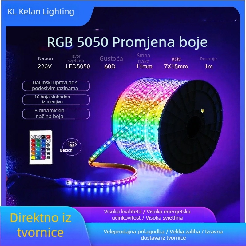 5050 RGB vodootporna vanjska LED traka, 220V, daljinski upravljanje, mijenjanje boja, prigušivanje
