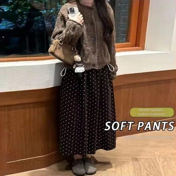Maternina midi suknja za jesen-zimu, francuski retro stil, visok pojas, debeli korduroj, A-linija, s točkicama