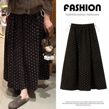 Maternina midi suknja za jesen-zimu, francuski retro stil, visok pojas, debeli korduroj, A-linija, s točkicama