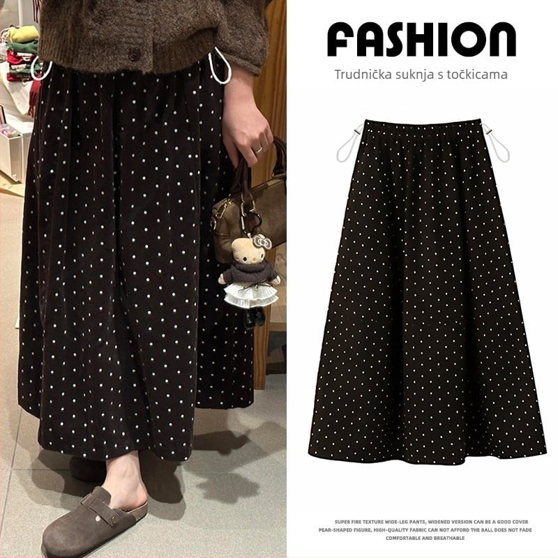 Maternina midi suknja za jesen-zimu, francuski retro stil, visok pojas, debeli korduroj, A-linija, s točkicama