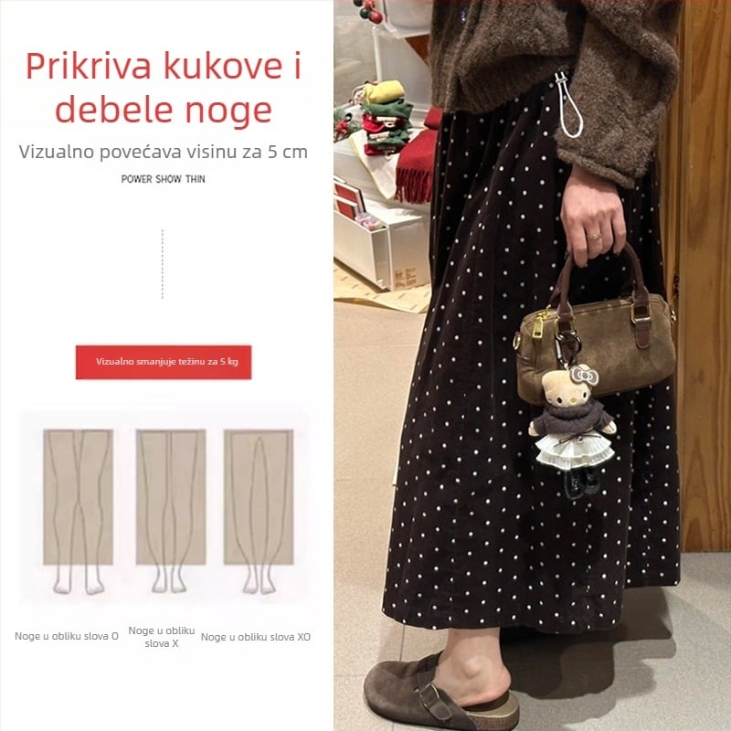 Maternina midi suknja za jesen-zimu, francuski retro stil, visok pojas, debeli korduroj, A-linija, s točkicama
