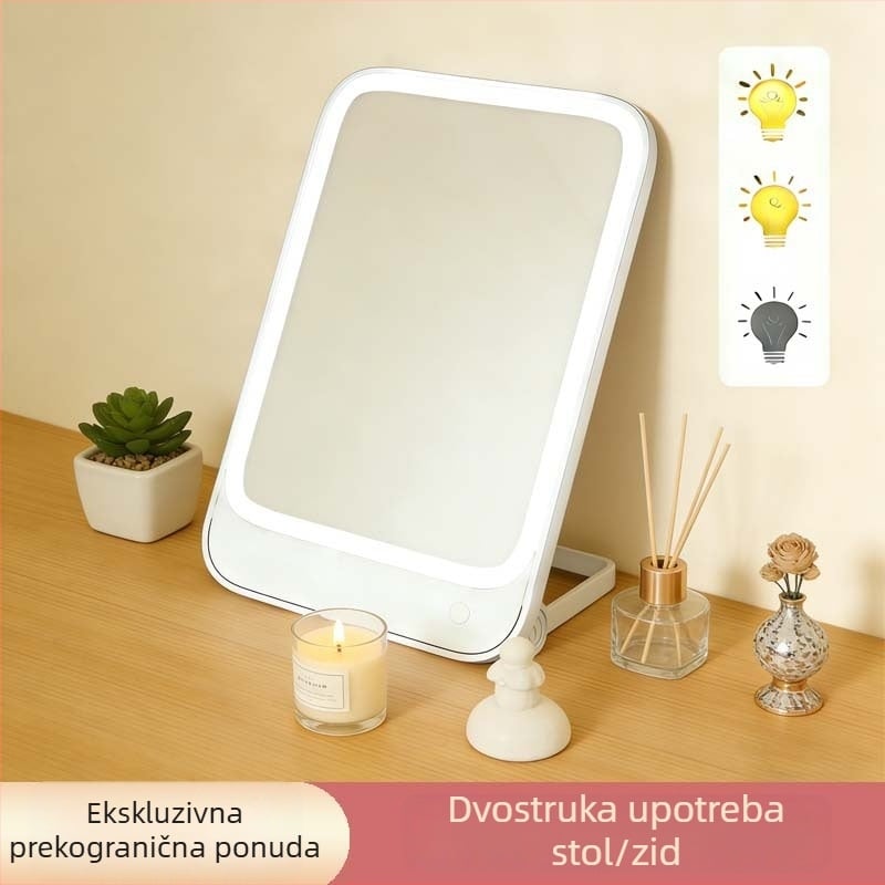 Prijenosno ogledalo za šminkanje sa LED svjetlom, sklopivo, za zid ili stol, ABS okvir, ogledalo od aluminija