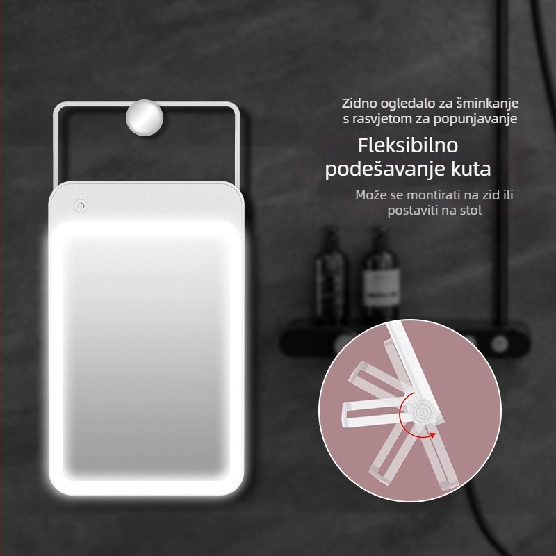 Prijenosno ogledalo za šminkanje sa LED svjetlom, sklopivo, za zid ili stol, ABS okvir, ogledalo od aluminija
