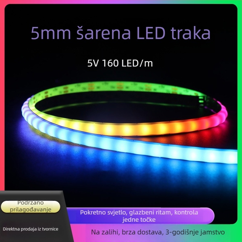 COB šarena LED traka, 5 mm, 160 LED/m, 12V/5V, programabilna, inteligentno upravljanje na jednom mjestu, efekt slapova, fleksibilna