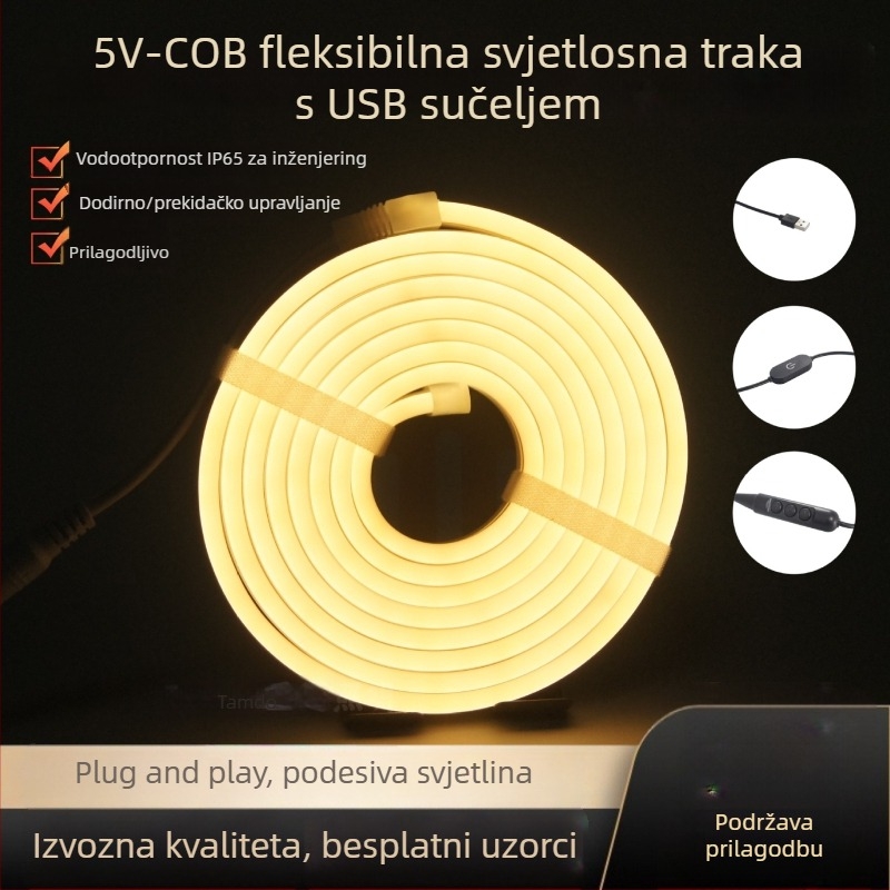 COB 5V fleksibilni LED trak, 612, silikon, bočno emisija, vanjska vodootporna dekorativna rasvjeta