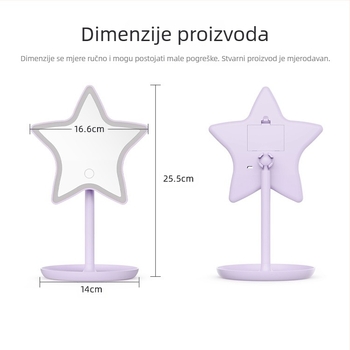 LED ogledalo za šminkanje u obliku zvijezde s pet krakova, neprekidno podešavanje svjetla, stolno, ljubičasta