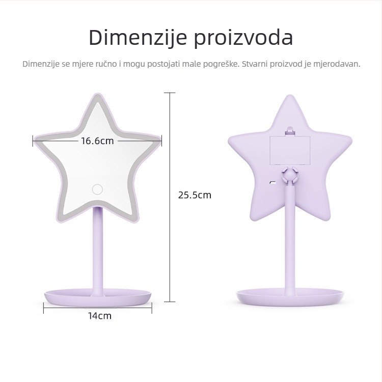 LED ogledalo za šminkanje u obliku zvijezde s pet krakova, neprekidno podešavanje svjetla, stolno, ljubičasta