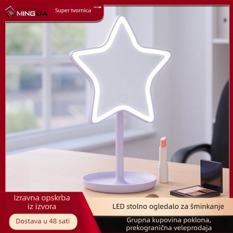 LED ogledalo za šminkanje u obliku zvijezde s pet krakova, neprekidno podešavanje svjetla, stolno, ljubičasta