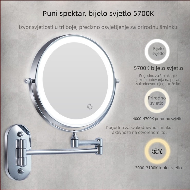 Prilagođeno 7-inčno zidno ogledalo za šminkanje u kupaonici, teleskopskog sklapanja; montaža bez bušenja ili s bušenjem