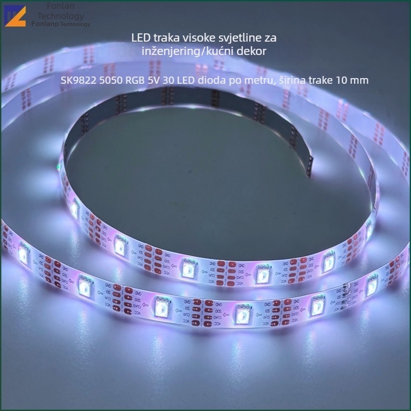 IP65 površinski montirani RGB LED trak s 30 LED-diodama, SK9822, 5V, dekorativan s dinamičkim efektom osvjetljenja 5050 RGB