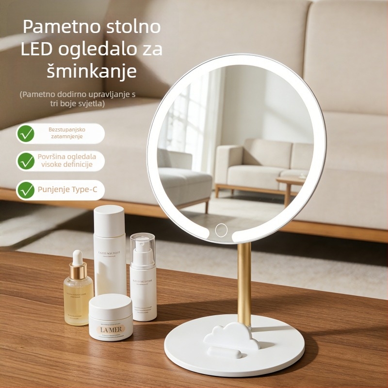 LED ogledalo za šminku s osvjetljenjem, prenosno, okruglo rotirajuće stolno ogledalo