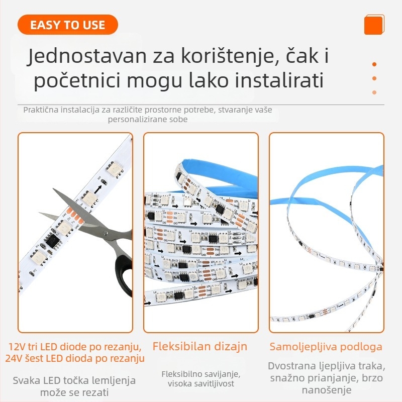 RGB vanjska IC LED traka za promjenu boje, 12V/24V, crni ugrađeni profil, ambijentalno osvjetljenje za prostore