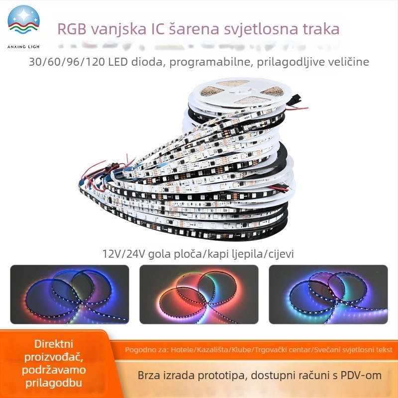 RGB vanjska IC LED traka za promjenu boje, 12V/24V, crni ugrađeni profil, ambijentalno osvjetljenje za prostore