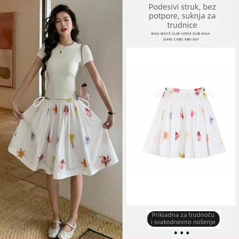 Trudnička midi suknja s umjetničkim cvjetnim dizajnom, podesiva duljina
