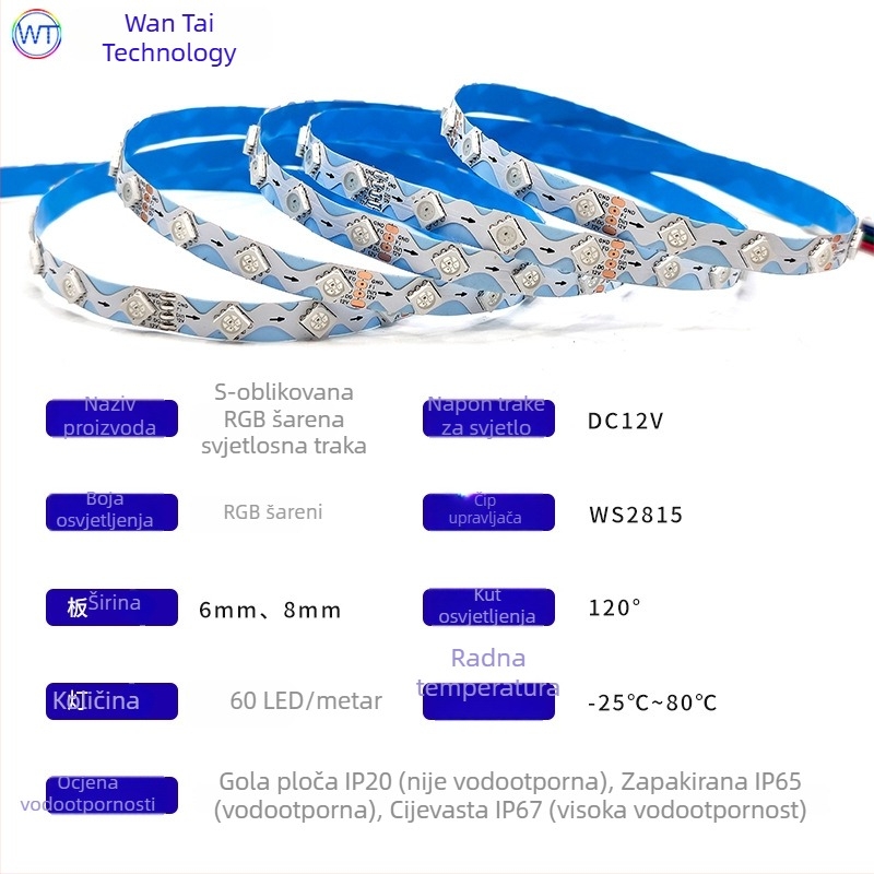WS2815S tip LED trake 5050, 12V, ugrađeni IC, programabilni efekt tekuće vode, sklopiva LED traka