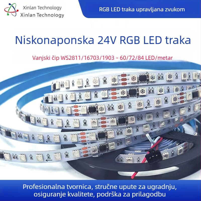24V programabilni LED trak s IC WS2811/1903/16703, 60/72/84 LED diode, senzor ambijentalnog osvjetljenja, duljina 5 m, širina 10 mm, nije vodootporan