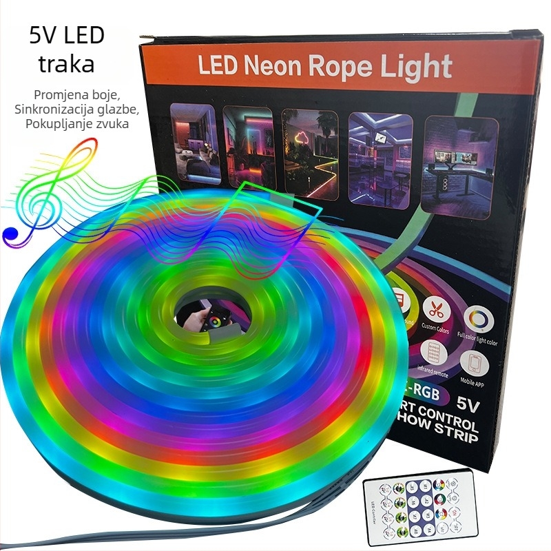 Set LED trake 5V s USB, RGB neon promjena boje, upravljanje putem aplikacije, glazbeni ritam i senzor zvuka, DIY dekorativna atmosfera svjetleća traka
