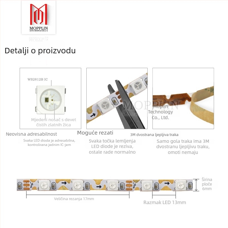 WS2812B uska S-oblik LED traka s punom bojom, 60 LED-ova, 60 segmenata, ugrađeni IC, programabilni svjetlosni efekti, meteorska svjetla, 5V