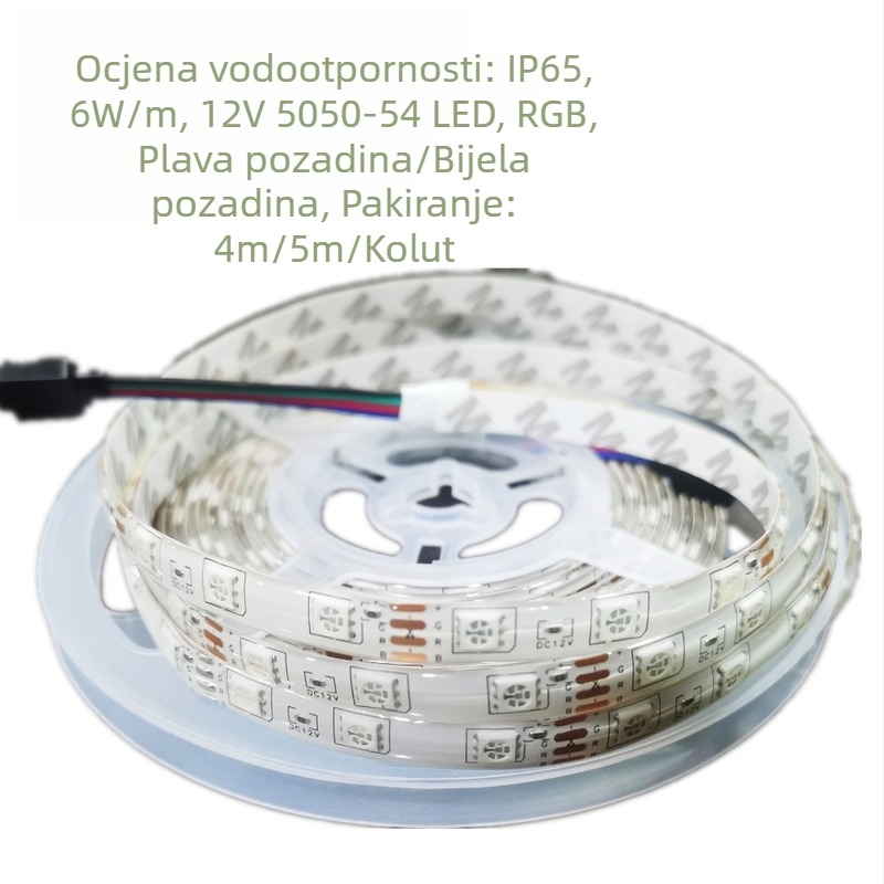 RGB LED trak 12V, 54 LED-a 5050, niski napon, crna PCB, dvostruki kraj s bijelim ljepilom na stražnjoj strani, komplet za promjenu boje