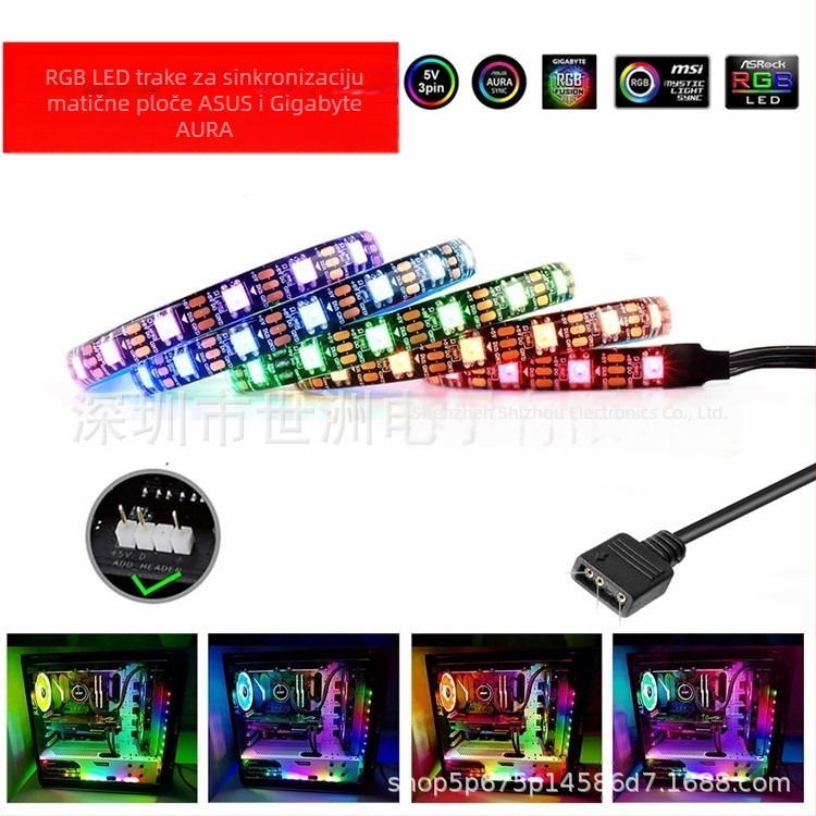 RGB LED trakica za kućište računala, 5V, 3-pin sinhronizacija s matičnom pločom, promjena boja, DIY efekt disanja