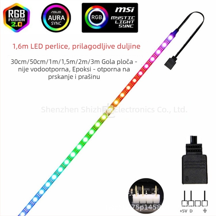 RGB LED trakica za kućište računala, 5V, 3-pin sinhronizacija s matičnom pločom, promjena boja, DIY efekt disanja
