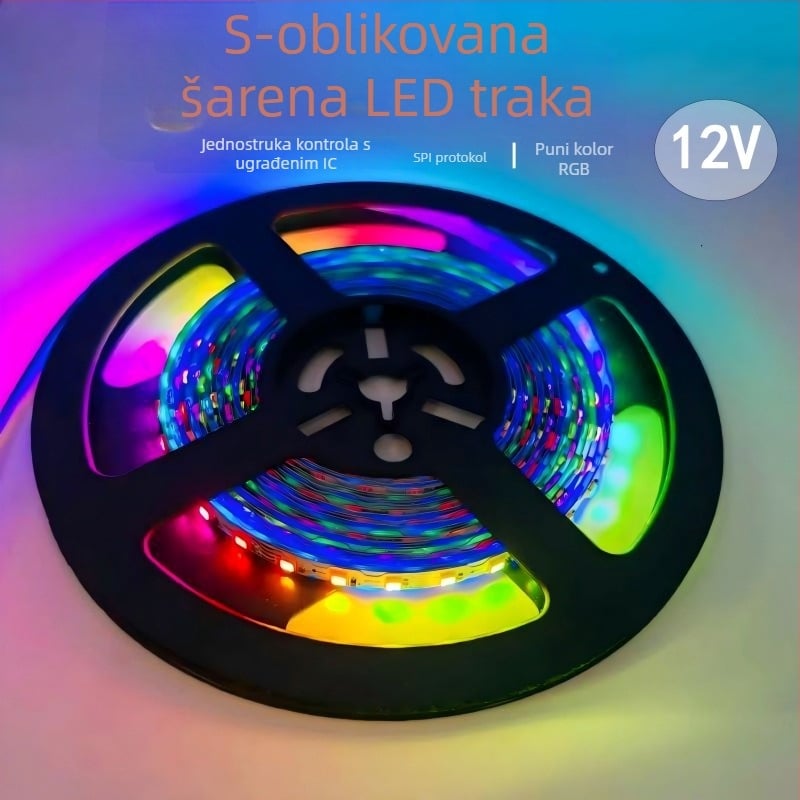 12V S-oblik fleksibilni LED trak s 60 LED, RGB, širina 7 mm, regulacija svjetline, s kontrolerom, 9W, 30.000 sati, duljina 10 m, za reklamne kutije svjetla i osvijetljena slova, s funkcijom nastavka nakon prekida