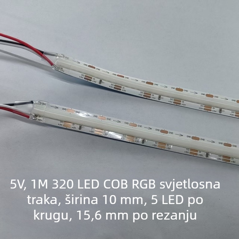 5V fleksibilna COB šarena LED traka, 10 mm, RGB u punoj boji, s efektom jurećeg svjetla za atmosferu