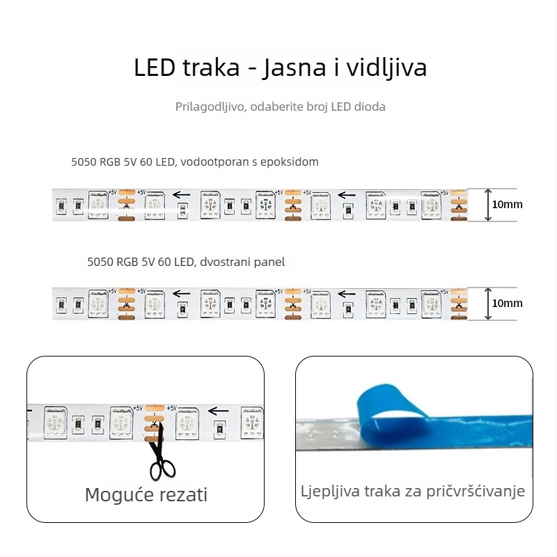 5050 RGB LED traka, 60 LED-a, Bluetooth upravljanje aplikacijom, pametna promjena boja