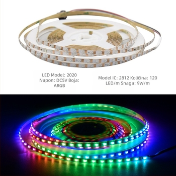 RGB šarena LED traka, 160 LED dioda, 2835, 5V, duljina 1000 mm, širina 5 mm, 120° snop, regulabilna svjetlost, CE certifikat, Nije vodootporna, Serija: Šarene Istaknute, Marka: XQZM