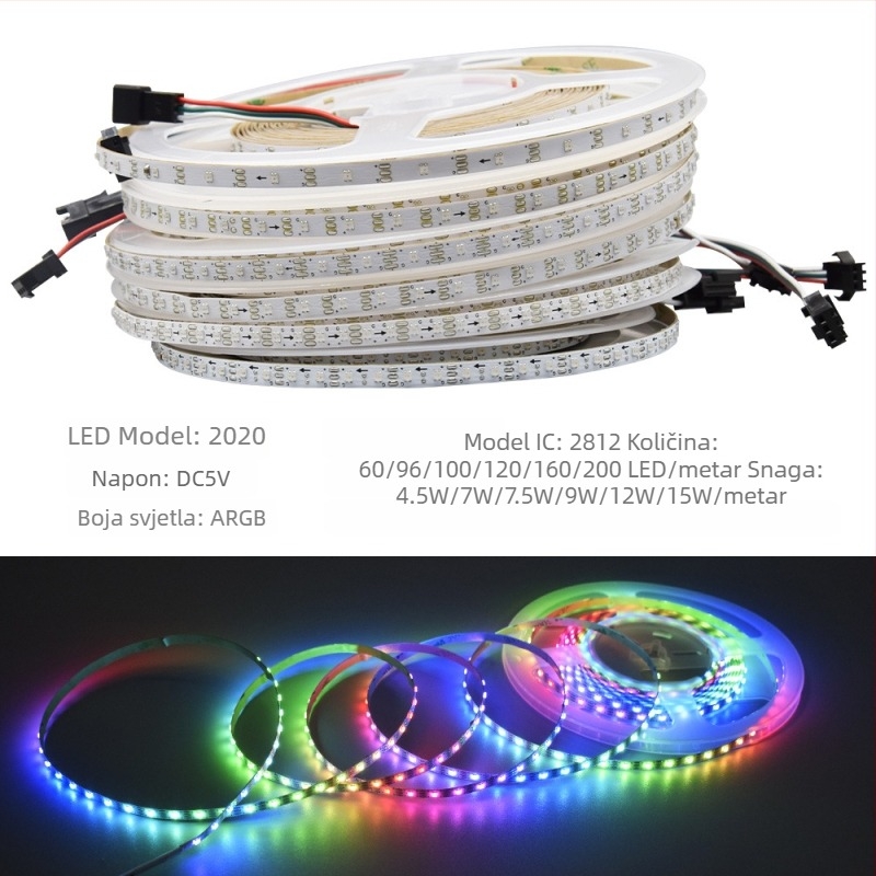 RGB šarena LED traka, 160 LED dioda, 2835, 5V, duljina 1000 mm, širina 5 mm, 120° snop, regulabilna svjetlost, CE certifikat, Nije vodootporna, Serija: Šarene Istaknute, Marka: XQZM