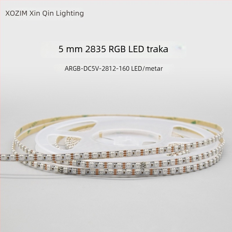 RGB šarena LED traka, 160 LED dioda, 2835, 5V, duljina 1000 mm, širina 5 mm, 120° snop, regulabilna svjetlost, CE certifikat, Nije vodootporna, Serija: Šarene Istaknute, Marka: XQZM