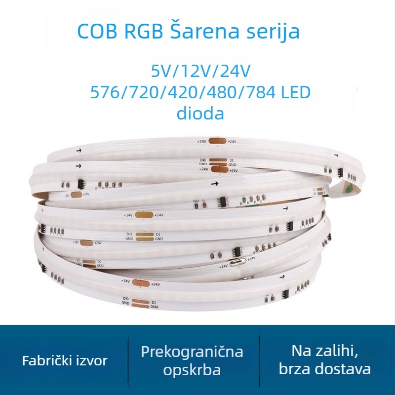 COB RGB LED traka – Četiri u jednom RGBWW, 5V/12V/24V, 576 LED dioda, 150° kut snopa, regulirana svjetlina, vijek trajanja 50.000 h, dekor atmosfere