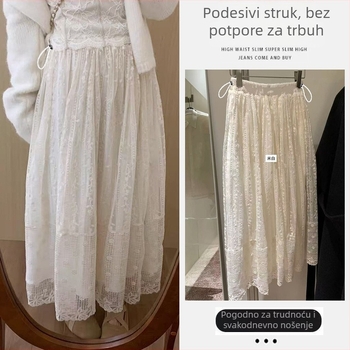 Trudnička midi suknja s čipkom i jacquard izvezenim motivom, podesiva, proljeće 2026