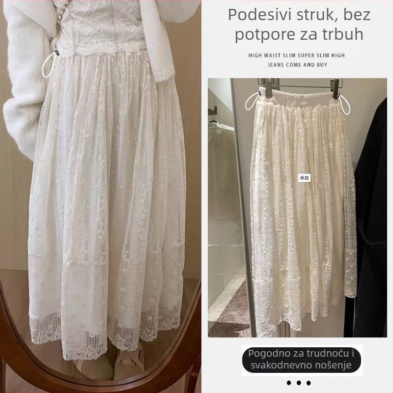 Trudnička midi suknja s čipkom i jacquard izvezenim motivom, podesiva, proljeće 2026