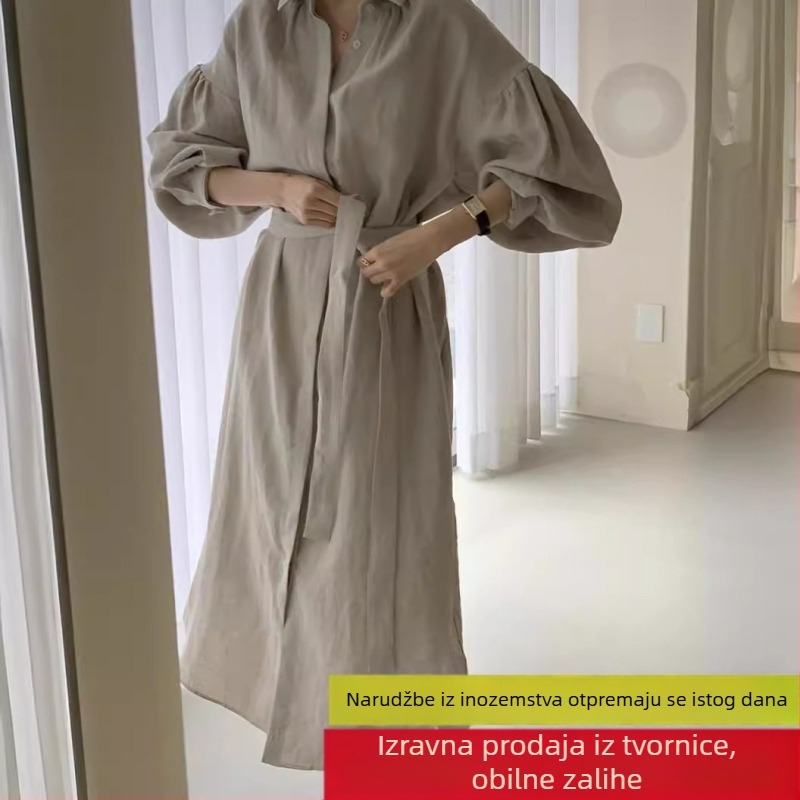 Japansko-korejski chic 2026 proljeće-ljeto, vintage haljina s vezom u struku za naglašavanje siluete, rukavi u stilu lampiona, duljina iznad koljena, dugi rukavi