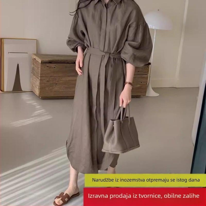 Japansko-korejski chic 2026 proljeće-ljeto, vintage haljina s vezom u struku za naglašavanje siluete, rukavi u stilu lampiona, duljina iznad koljena, dugi rukavi