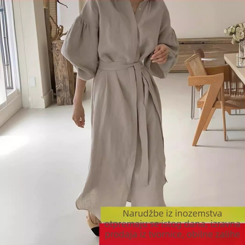 Japansko-korejski chic 2026 proljeće-ljeto, vintage haljina s vezom u struku za naglašavanje siluete, rukavi u stilu lampiona, duljina iznad koljena, dugi rukavi