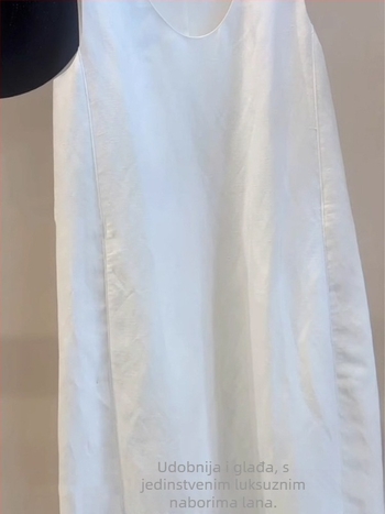 Bijela bez rukava haljina s U izrezom, pamuk-lin materijal, minimalistički stil, duga haljina za žene