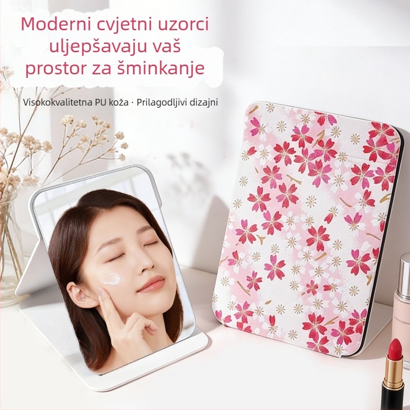 Sklopivo ogledalo za šminkanje, žensko stolno ogledalo sa stalkom, prenosno kozmetičko ogledalo od PU kože