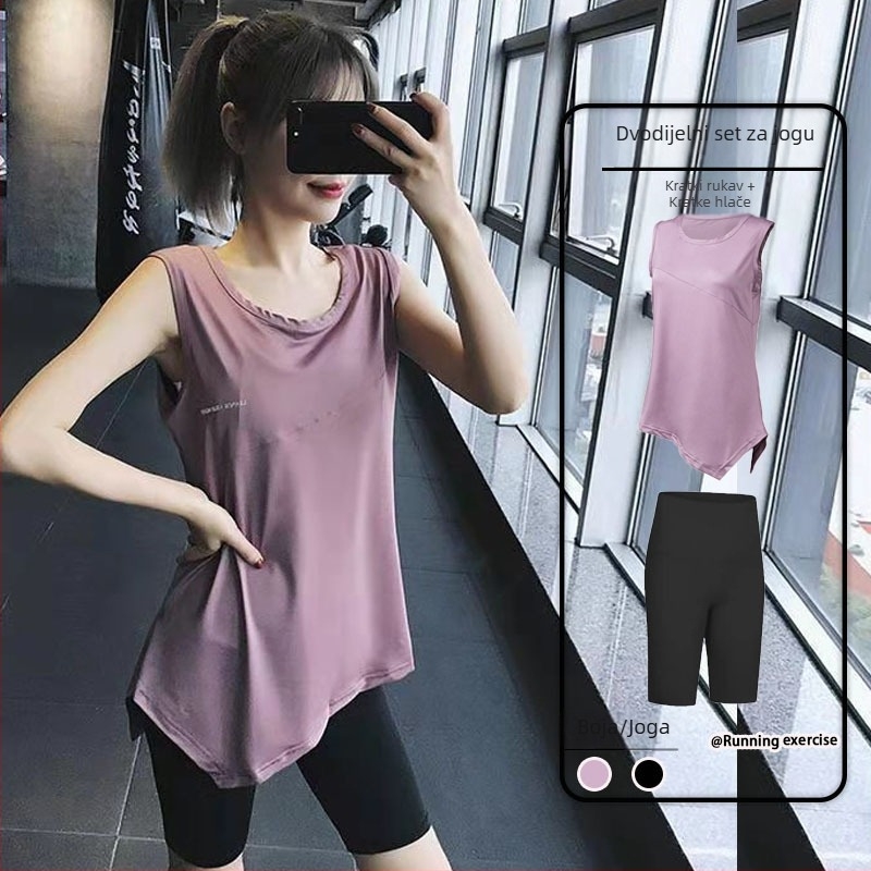 Plus veličine set za trčanje i fitness, materijal s brzo sušećim vlaknima, lagani ljetni slobodan kroj, joga s kratkim rukavima