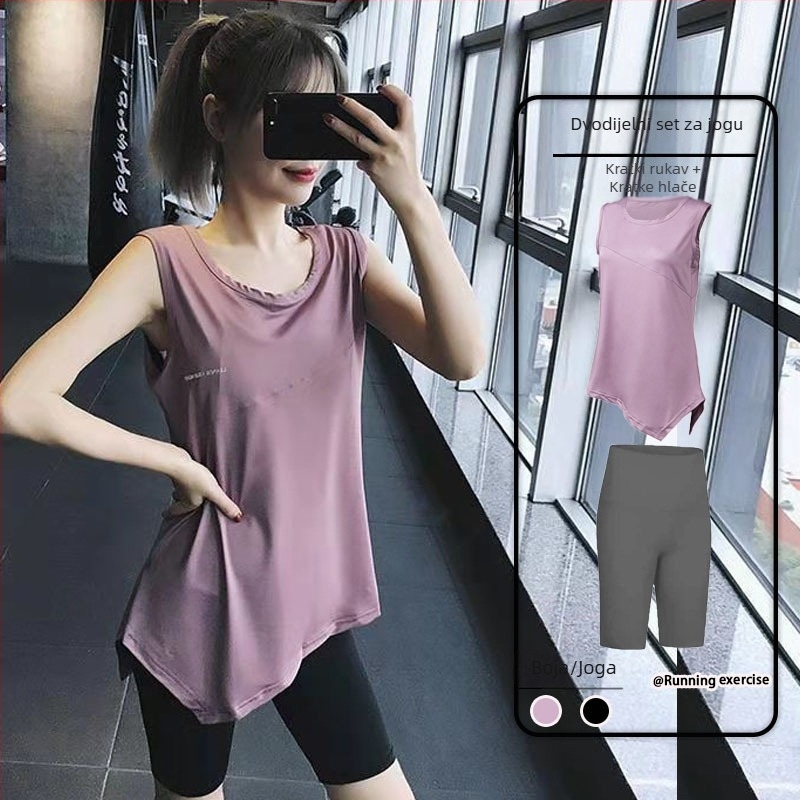 Plus veličine set za trčanje i fitness, materijal s brzo sušećim vlaknima, lagani ljetni slobodan kroj, joga s kratkim rukavima