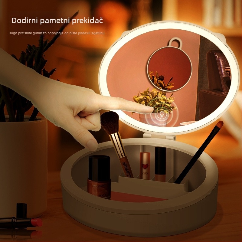 LED ogledalo za šminku s prijenosnom kutijom za pohranu, stolno ogledalo za sobu, punjivo osvjetljenje, darovno ogledalo